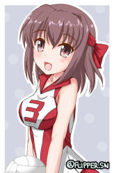 Rule 34 | 1girl, :d, ball, blush, breasts, brown eyes, brown hair, commentary, flipper, girls und panzer, grey background, holding, holding ball, kondou taeko, leaning forward, light blush, looking at viewer, medium breasts, medium hair, one-hour drawing challenge, open mouth, outline, outside border, red shirt, shirt, sleeveless, sleeveless shirt, smile, solo, sportswear, standing, twitter username, volleyball, volleyball (object), volleyball uniform, white outline