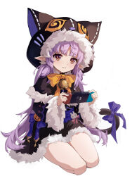 Rule 34 | 1girl, absurdres, bell, blush, bow, bowtie, cloak, fake tail, fur-trimmed cloak, fur-trimmed headwear, fur trim, halloween costume, handheld game console, hat, hat with ears, highres, holding, holding handheld game console, kyoka (halloween) (princess connect!), kyoka (princess connect!), long hair, looking at viewer, maochibuqihuyu, neck bell, nintendo switch, official alternate costume, orange bow, orange bowtie, orange eyes, pointy ears, princess connect!, purple hair, seiza, simple background, sitting, solo, tail, tail bow, tail ornament, thighs, white background