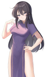 Rule 34 | 1girl, absurdres, aura (aurapls), ayra (fire emblem), black hair, breasts, closed mouth, dress, earrings, fire emblem, fire emblem: genealogy of the holy war, hand on own hip, hand up, head tilt, highres, jewelry, long hair, looking at viewer, medium breasts, nintendo, pelvic curtain, purple dress, purple eyes, short sleeves, side slit, simple background, solo, white background