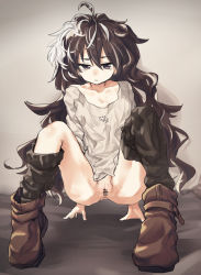 Rule 34 | 1girl, anus, arm support, bags under eyes, bar censor, black hair, boots, bottomless, breasts, censored, expressionless, female focus, highres, long hair, messy hair, navel, original, pussy, shirt, small breasts, socks, solo, squatting, yodosumiori
