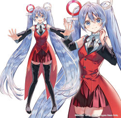 Rule 34 | 1girl, ahoge, bare shoulders, black necktie, black thighhighs, blue eyes, blue hair, boots, buttons, commentary, dress, hands up, hanekoto, hatsune miku, highres, light blue hair, looking at viewer, necktie, number hair ornament, official alternate costume, official art, open mouth, outstretched arms, outstretched hand, projected inset, red dress, simple background, sleeveless, sleeveless dress, smile, standing, thigh boots, thighhighs, vocaloid, white background, yuki miku