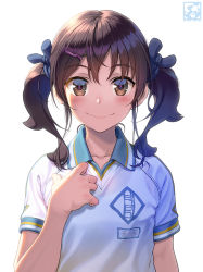 Rule 34 | 1girl, blue ribbon, blush, brown eyes, brown hair, closed mouth, clothes writing, collared shirt, commentary request, hair ornament, hair ribbon, hairclip, hand on own chest, highres, long hair, looking at viewer, original, pairan, ribbon, shirt, short sleeves, simple background, smile, solo, twintails, upper body, white background, white shirt