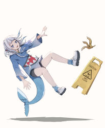 Rule 34 | 1girl, absurdres, advarcher, animal costume, animal hood, banana peel, blue eyes, blue hair, blue hoodie, blue socks, blunt bangs, commentary request, denim, drawstring, falling, fins, fish tail, full body, gawr gura, gawr gura (1st costume), grey hair, hair ornament, highres, hololive, hololive english, hood, hoodie, long sleeves, medium hair, multicolored hair, open mouth, shark costume, shark girl, shark hair ornament, shark hood, shark tail, sharp teeth, shirt, shoes, sign, simple background, slipping, socks, solo, streaked hair, t-shirt, tail, teeth, two side up, virtual youtuber, warning sign, white background, white footwear, wide sleeves