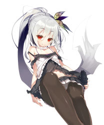 Rule 34 | 1girl, alternate eye color, bare shoulders, butterfly hair ornament, fang, fang out, flat chest, hair ornament, long hair, looking at viewer, navel, nekomu, original, panties, panties under pantyhose, pantyhose, raised eyebrows, red eyes, silver hair, simple background, smile, solo, underwear, very long hair, white background
