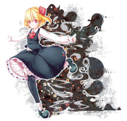 Rule 34 | 1girl, blonde hair, bobby socks, frilled skirt, frills, furim, hair ribbon, highres, mary janes, outstretched arms, pantyhose, red eyes, ribbon, rumia, shirt, shoes, short hair, skirt, smile, socks, socks over pantyhose, solo, spread arms, touhou, vest