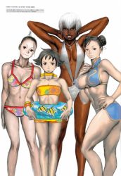 Rule 34 | 4girls, abs, adapted costume, armpits, arms behind head, bandeau, bare shoulders, bikini, black eyes, black hair, blue eyes, breasts, capcom, casual one-piece swimsuit, choker, chun-li, cleavage, cleavage cutout, clothing cutout, dark-skinned female, dark skin, double bun, earrings, elena (street fighter), female focus, fish, flat chest, flipped hair, floral print, hair bun, halterneck, hand on own hip, hip focus, ibuki (street fighter), innertube, jewelry, large breasts, legs, lineup, makoto (street fighter), midriff, multiple girls, muscular, navel, necklace, one-piece swimsuit, ponytail, print bikini, short hair, shorts, sideboob, simple background, skirt, slingshot swimsuit, smile, spiked hair, sports bikini, standing, street fighter, street fighter iii (series), swim ring, swimsuit, thick thighs, thighs, toned, white hair, yasuda akira