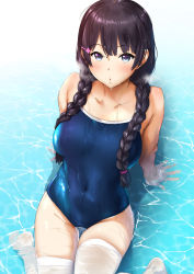 Rule 34 | 1girl, bare arms, bare shoulders, black hair, blue eyes, blush, braid, breasts, collarbone, competition school swimsuit, covered navel, hair ornament, hairclip, in water, large breasts, leaning back, lips, long hair, looking at viewer, navel, nijisanji, no shoes, one-piece swimsuit, partially submerged, pija (pianiishimo), school swimsuit, shallow water, sitting, solo, steaming body, swimsuit, thighhighs, tsukino mito, twin braids, virtual youtuber, wariza, water, wet, wet clothes, white thighhighs
