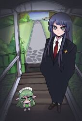 Rule 34 | 2girls, black souls, blue eyes, blue hair, bright pupils, brown footwear, bush, business suit, car, chinese commentary, closed mouth, collared shirt, cross-shaped pupils, dark blue hair, fairy, fairy wings, formal, frown, green eyes, green hair, green leotard, highres, koshou shou mitsu, leaf (black souls), leotard, loafers, long hair, mabel (black souls), maid headdress, motor vehicle, multiple girls, necktie, path, pointy ears, porch, red necktie, road, shirt, shoes, suit, symbol-shaped pupils, white pupils, white shirt, wings, yellow pupils