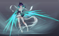 Rule 34 | 1girl, antenna hair, bandages, bare shoulders, barefoot, closed mouth, dress, full body, gloves, glowing, glowing eye, green eyes, green gloves, green hair, hair between eyes, highres, honkai (series), honkai impact 3rd, looking at viewer, scarf, short hair, sleeveless, sleeveless dress, solo, tgdzl, toes, wendy (honkai impact), white dress, white neckwear, white sleeves, wings