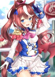 Rule 34 | 1girl, :d, animal ears, arm up, ascot, asymmetrical gloves, blue eyes, blue jacket, blurry, blurry background, blush, bow, breasts, brown hair, commentary request, cowboy shot, day, depth of field, epaulettes, fang, gloves, hair bow, high ponytail, highres, horse ears, horse girl, horse tail, jacket, long hair, long sleeves, looking at viewer, medium breasts, mismatched gloves, multicolored clothes, multicolored hair, multicolored jacket, open mouth, outdoors, pink ascot, pink bow, pleated skirt, ponytail, purple gloves, rumiko (rmeco), single epaulette, skin fang, skirt, smile, solo, standing, streaked hair, tail, tokai teio (umamusume), two-tone jacket, umamusume, very long hair, white gloves, white hair, white jacket, white skirt