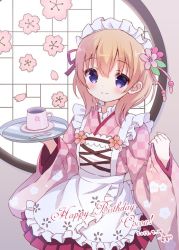 Rule 34 | 1girl, alternate costume, ama usa an uniform, apron, artist name, blush, character name, checkered clothes, checkered kimono, chitosezaka suzu, closed mouth, commentary request, cowboy shot, cup, dated, english text, floral print, flower, frilled apron, frills, gochuumon wa usagi desu ka?, hair flower, hair ornament, happy birthday, holding, holding tray, hoto cocoa, japanese clothes, kimono, long hair, long sleeves, looking at viewer, maid, maid headdress, orange hair, pink kimono, pink skirt, pleated skirt, purple eyes, round window, saucer, skirt, smile, solo, teaspoon, tray, wa maid, wall, white apron, wide sleeves, window