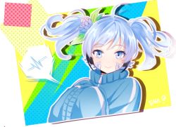 Rule 34 | 1girl, ahoge, bad id, bad twitter id, blue eyes, blue hair, character name, ene (kagerou project), headphones, jacket, kagerou project, long hair, matching hair/eyes, mery (yangmalgage), oversized clothes, short hair, solo, track jacket, twintails