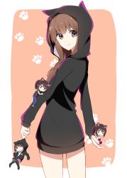 Rule 34 | &gt; &lt;, 4girls, a.a (aa772), animal hood, black legwear, blush, brown eyes, brown hair, cat hood, closed mouth, cowboy shot, denim, hakama-chan (aa), holding, hood, hood up, hoodie, japanese clothes, jeans, jitome, kimono, long hair, long sleeves, looking at viewer, looking to the side, miko, mini person, minigirl, multiple girls, original, pants, paw print, paw print background, ponytail, sleeveless, smile, solid oval eyes, standing, sweatdrop, tareme, thighhighs, two-tone background, wavy mouth, white kimono