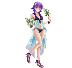 Rule 34 | 1girl, absurdres, bare shoulders, bikini, book, breasts, cleavage, closed mouth, collarbone, commentary, dual wielding, feet, female focus, fire emblem, fire emblem: the sacred stones, fire emblem heroes, flower, full body, hair flower, hair ornament, highres, holding, holding book, leaf, long hair, looking at viewer, lute (fire emblem), matching hair/eyes, medium breasts, navel, nintendo, official art, open book, purple eyes, purple hair, sandals, see-through, seo kouji, shiny skin, simple background, solo, standing, stomach, swimsuit, thighs, toeless footwear, toes, white background