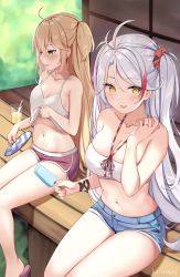 Rule 34 | 2girls, admiral hipper (azur lane), ahoge, antenna hair, artist name, azur lane, bandeau, bare arms, bare legs, bare shoulders, blonde hair, blue shorts, blush, breasts, camisole, cleavage, clothes lift, collarbone, commentary request, crop top, cup, denim, denim shorts, dolphin shorts, drinking glass, dripping, food, green eyes, hair between eyes, hair ornament, hair scrunchie, halterneck, hand fan, hand up, highres, holding, holding fan, holding food, hot, ice cream, jewelry, kaetzchen, large breasts, long hair, looking at viewer, midriff, mole, mole on breast, multicolored hair, multiple girls, navel, parted lips, popsicle, prinz eugen (azur lane), red hair, red scrunchie, red shorts, ring, scrunchie, shirt, shirt lift, short shorts, shorts, sidelocks, signature, silver hair, sitting, skindentation, sleeveless, sleeveless shirt, slippers, small breasts, stomach, streaked hair, sweat, swept bangs, thighs, tongue, tongue out, two side up, very long hair, wedding band, yellow eyes