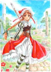 Rule 34 | 1girl, bonnet, braid, brown hair, coat, commentary request, cordelia (saga), day, dress, head scarf, long hair, outdoors, pantyhose, pillar, polearm, red eyes, saga, saga frontier 2, sio2 (nisankakeiso), solo, standing, striped clothes, striped pantyhose, twin braids, very long hair, weapon