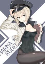 Rule 34 | 1girl, a9b (louis814), absurdres, animal ears, black leotard, black pantyhose, black ribbon, blonde hair, bow, breasts, character name, collarbone, detached collar, garrison cap, green eyes, hair bow, hanna rudel, hat, head tilt, highres, jacket, leotard, long hair, long sleeves, medium breasts, military, military uniform, open clothes, open jacket, pantyhose, playboy bunny, ponytail, ribbon, shiny clothes, sitting, solo, strike witches, uniform, white jacket, world witches series