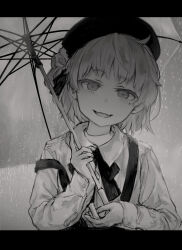 Rule 34 | 1girl, absurdres, blurry, blurry background, collared shirt, crazy smile, empty eyes, fangs, flower, greyscale, hair flower, hair ornament, hair ribbon, half-closed eyes, hatoba tsugu, head tilt, highres, holding, holding umbrella, letterboxed, long sleeves, looking at viewer, mole, mole under eye, monochrome, neck ribbon, ouka (yama), rain, ribbon, shirt, short hair, single hair ring, skin fangs, smile, solo, suspenders, suspenders slip, transparent, transparent umbrella, tsugu (vtuber), umbrella, upper body, virtual youtuber