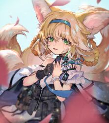 Rule 34 | 1girl, animal ears, arknights, black gloves, blonde hair, blue hairband, braid, braided hair rings, commentary request, flower, fox ears, fox girl, fox tail, gloves, green eyes, hairband, highres, holding, holding flower, infection monitor (arknights), kitsune, kyuubi, lily of the valley, looking at viewer, material growth, multiple tails, name connection, nijimaarc, object namesake, open mouth, oripathy lesion (arknights), short hair, single glove, solo, suzuran (arknights), tail, twin braids, upper body, white hair, wrist cuffs
