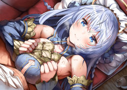 Rule 34 | 1boy, 1girl, bad id, bad pixiv id, bare shoulders, belko, blue dress, blue eyes, blue hair, blush, bottomless, braid, breasts, breasts squeezed together, character request, collarbone, commentary request, cum, cum on body, cum on breasts, cum on upper body, detached sleeves, dress, ejaculation, florence laine (kanpani girls), hair between eyes, hair ornament, head on pillow, heavy breathing, hetero, indoors, kanpani girls, large breasts, long hair, looking at viewer, lying, on back, paizuri, paizuri under clothes, pillow, revision, smile, solo focus, straddling, straddling paizuri, sweat, wide sleeves