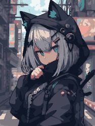 Rule 34 | 1girl, adjusting clothes, animal ear fluff, animal ears, animal hood, backpack, bag, black bag, black bow, black coat, blue eyes, bow, city, coat, expressionless, from side, grey hair, hair bow, hair ornament, hairclip, hood, hooded coat, long hair, long sleeves, looking at viewer, original, outdoors, solo, uozmmy, upper body