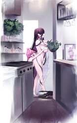 Rule 34 | &gt; &lt;, 2girls, absurdres, ahoge, bottle, breasts, brown hair, cat, colored inner hair, completely nude, covering another&#039;s breasts, cup, drinking glass, earrings, highres, huge breasts, indoors, jewelry, kitchen, long hair, multicolored hair, multiple girls, nude, open mouth, original, oven, pink hair, plant, potted plant, very long hair, walking, yaguo