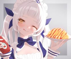 Rule 34 | 1girl, ;q, absurdres, anchor symbol, blue bow, blue bowtie, blunt bangs, blush, bow, bowtie, breasts, cosplay, food, hair intakes, highres, holding, holding tray, hololive, licking lips, long hair, looking at viewer, maid, maid headdress, minato aqua, minato aqua (1st costume), minato aqua (cosplay), murasaki shion, omelet, omurice, one eye closed, puffy short sleeves, puffy sleeves, short sleeves, sidelocks, silver hair, small breasts, solo, thomas 8000, tongue, tongue out, tray, twintails, upper body, virtual youtuber, wrist cuffs, yellow eyes