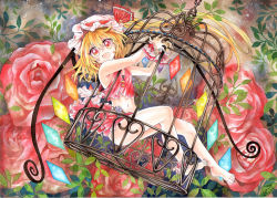 Rule 34 | 1girl, alternate costume, arms up, bare arms, bare legs, bare shoulders, barefoot, birdcage, blonde hair, cage, commentary request, crop top, crystal, eyes visible through hair, fang, flandre scarlet, flower, full body, hair between eyes, hat, hat ribbon, long hair, looking at viewer, midriff, mob cap, mosho, navel, open mouth, red eyes, red flower, red rose, ribbon, rose, side ponytail, skirt, skirt set, smile, solo, stomach, toes, touhou, wings, wrist cuffs