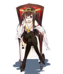Rule 34 | 10s, 1girl, adjusting eyewear, ahoge, bare shoulders, bespectacled, boots, brown hair, detached sleeves, double bun, full body, glasses, hair ornament, hairband, headgear, highres, japanese clothes, kantai collection, kongou (kancolle), long hair, looking at viewer, merumayu, personification, purple eyes, red-framed eyewear, skirt, solo, thigh boots, thighhighs, white background, wide sleeves, ytk (yutta-p)