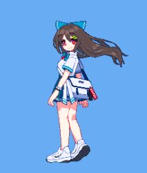 Rule 34 | 1girl, bag, blue background, blue bow, blue skirt, bow, bracelet, brown hair, commentary, english commentary, full body, hair bow, hair ornament, hairclip, highres, jewelry, long hair, looking at viewer, pixel art, red eyes, reiuji utsuho, school bag, school uniform, sechy, serafuku, shoes, simple background, skirt, smile, sneakers, solo, touhou, white footwear