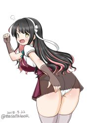 Rule 34 | 1girl, angry, ass, black hair, brown gloves, brown skirt, commentary request, dated, fang, fingerless gloves, from behind, gloves, hair ribbon, kantai collection, long hair, looking at viewer, looking back, masara (chuujou), multicolored hair, naganami (kancolle), naganami kai ni (kancolle), one-hour drawing challenge, open mouth, panties, pink hair, purple vest, ribbon, see-through, short sleeves, simple background, skirt, solo, twitter username, two-tone hair, underwear, vest, wavy hair, white background, white panties, yellow eyes