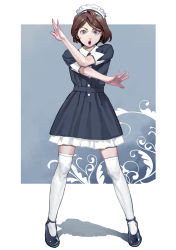Rule 34 | 1girl, black footwear, blue dress, brown hair, buttons, crossed arms, dress, full body, hands up, highres, inamitsu shinji, looking at viewer, maid headdress, open mouth, original, purple eyes, shadow, short hair, short sleeves, sleeve cuffs, solo, standing, tareme, teeth, thighhighs, white thighhighs, zettai ryouiki