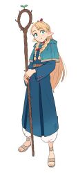 Rule 34 | 1girl, asymmetrical bangs, belt, blonde hair, blue capelet, blue hood, blue robe, braid, brown belt, capelet, closed mouth, dungeon meshi, elf, full body, green eyes, hair over shoulder, highres, holding, holding staff, kevin hong, long hair, long sleeves, looking at viewer, marcille donato, pointy ears, robe, sandals, simple background, smile, solo, staff, standing, twin braids, white background