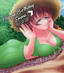 Rule 34 | 1girl, absurdres, aqua eyes, artist name, bad id, bad pixiv id, blue eyes, blue sky, blush, braid, breasts, brown hair, brown hat, cleavage, cloud, day, dress, emma verde, female focus, freckles, front-tie top, green dress, green skirt, hair between eyes, hair tie, hand on own cheek, hand on own face, hand wave, happy birthday, hat, highres, layered skirt, long hair, looking at viewer, love live!, love live! nijigasaki high school idol club, miniskirt, nash (cendol plt), outdoors, parted lips, plaid, plaid dress, plaid skirt, pleated, pleated dress, pleated skirt, puffy short sleeves, puffy sleeves, red hair, short sleeves, skirt, sky, smile, solo, straw hat, sun hat, twin braids, twintails