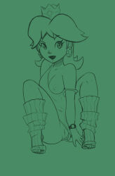 Rule 34 | 1girl, alternate costume, arm behind back, breasts, cleft of venus, clothing aside, collarbone, crown, earrings, female focus, flashing, flower earrings, full body, green background, green theme, hair flaps, happy, highres, jewelry, knees up, leg warmers, leotard, leotard aside, mario (series), medium breasts, medium hair, mini crown, monochrome, nintendo, nipples, one breast out, open mouth, parted bangs, princess daisy, pussy, sidelocks, simple background, sitting, sketch, smile, socks, solo, spread legs, strap slip, throat (artist), toeless legwear, toes, uncensored, watch, wristwatch