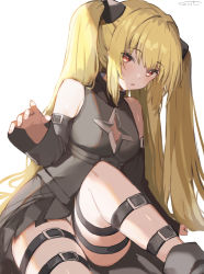 Rule 34 | 1girl, :o, bare shoulders, black ribbon, blonde hair, blush, breasts, cleavage cutout, clothing cutout, commentary request, detached sleeves, feet out of frame, hair ribbon, head tilt, highres, knee up, konjiki no yami, leaning to the side, leg belt, long hair, long sleeves, looking at viewer, medium breasts, parted lips, red eyes, ribbon, sidelocks, signature, simple background, sitting, solo, sorotu, to love-ru, twintails, white background