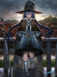 Rule 34 | 1girl, bad id, bad pixiv id, black hat, blue dress, blue eyes, blue hair, blush, boots, braid, brown cape, cape, cityscape, dress, facing viewer, grey sky, hair between eyes, hat, light smile, long sleeves, mountain, mushoku tensei, outdoors, railing, reflection, roxy migurdia, sky, solo, sonchi, staff, standing, twin braids, twintails, white legwear, witch hat