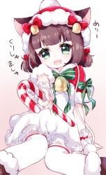 Rule 34 | 1girl, :d, animal ears, arm support, azur lane, bell, blunt bangs, blush, boots, bow, brown background, brown footwear, candy, candy cane, capelet, cat ears, christmas, commentary request, dress, ears through headwear, fang, food, fur-trimmed boots, fur-trimmed capelet, fur-trimmed headwear, fur trim, gradient background, green bow, green eyes, green ribbon, hair bow, hat, holding, holding candy, holding food, knees together feet apart, mutsuki (azur lane), open mouth, outstretched arm, pikomarie, reaching, reaching towards viewer, red bow, red capelet, red hat, ribbon, santa hat, short hair, short twintails, sitting, smile, solo, striped bow, striped ribbon, thighhighs, translation request, twintails, white background, white dress, white thighhighs, wrist cuffs