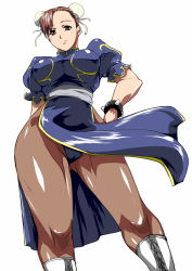 Rule 34 | 1girl, bad id, bad pixiv id, boots, bracelet, breasts, brown eyes, brown hair, bun cover, cameltoe, capcom, china dress, chinese clothes, chun-li, curvy, double bun, dress, from below, hair bun, hand on own hip, hip focus, jewelry, large breasts, looking down, pantyhose, pelvic curtain, saruanu, short hair, solo, spiked bracelet, spikes, street fighter, thighs, wide hips