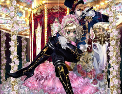 Rule 34 | 1boy, 1girl, bad id, bad pixiv id, blonde hair, bonnet, boots, bow, carousel, couple, curly hair, dress, drocell cainz, drossel cainz, elizabeth ethel cordelia midford, facial mark, flower, formal, frilled dress, frills, gloves, gown, hat, hetero, holding, horse, kurobara doll, kuroshitsuji, crossed legs, lolita fashion, long hair, multicolored eyes, orange hair, petticoat, pink dress, pink flower, pink rose, protecting, puppet, riding crop, rose, short twintails, top hat, twintails, victorian, white gloves