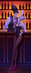 Rule 34 | 1boy, 1girl, absurdres, alternate costume, animal ears, bar (place), bartender, battle bunny riven, black hair, bottle, breasts, cleavage, detached collar, dress shirt, eye contact, fake animal ears, folded ponytail, gloves, high heels, highres, kezi, large breasts, league of legends, looking at another, necktie, necktie grab, neckwear grab, pantyhose, pink eyes, playboy bunny, rabbit ears, riven (league of legends), scar, scar on face, scar on nose, shirt, short hair, single glove, vest, white hair, wrist cuffs, yasuo (league of legends)