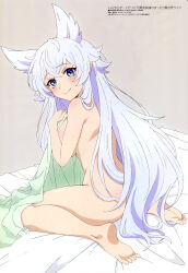 Rule 34 | 1girl, absurdres, aniao ya, animal ears, artist request, ass, back, barefoot, bed sheet, blanket, blue eyes, blush, breasts, completely nude, covering breasts, covering privates, crossed bangs, extra ears, eyebrows hidden by hair, feet, fenrys, from behind, full body, green eyes, grey background, hair between eyes, heterochromia, highres, holding, holding towel, large breasts, long hair, looking at viewer, looking back, lv2 kara cheat datta moto yuusha kouho no mattari isekai life, magazine scan, megami magazine, nude, official art, on bed, pointy ears, scan, sideboob, sidelocks, simple background, sitting, smile, soles, solo, toes, towel, very long hair, wariza, white hair, wolf ears