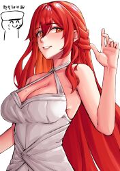 Rule 34 | 1girl, 1other, absurdres, bare arms, bare shoulders, breasts, cleavage, commentary request, dress, grin, highres, himeko (honkai: star rail), honkai: star rail, honkai (series), korean commentary, large breasts, long hair, looking at viewer, pyeong-il pyeongil, red eyes, red hair, simple background, sleeveless, sleeveless dress, smile, upper body, very long hair, white background, white dress