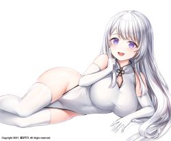 Rule 34 | 1girl, asymmetrical bangs, bad id, bad pixiv id, bare shoulders, bindong, blush, breasts, china dress, chinese clothes, cleavage, covered navel, dress, earrings, elbow gloves, gloves, highres, jewelry, large breasts, long hair, looking at viewer, lying, no panties, on side, open mouth, original, pelt, pelvic curtain, purple eyes, side slit, silver hair, simple background, skindentation, sleeveless, sleeveless dress, solo, thighhighs, thighs, white background, white dress, white gloves, white thighhighs