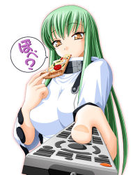 Rule 34 | 00s, 1girl, breasts, c.c., code geass, controller, eating, food, foreshortening, green hair, keito, large breasts, long hair, pizza, pizza slice, remote control, simple background, solo, speech bubble, translation request, very long hair, white background, yellow eyes