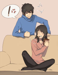 Rule 34 | 1boy, 1girl, aged up, anger vein, black pantyhose, brown eyes, brown hair, couch, couple, crossed legs, food, food in mouth, grin, hetero, highres, indian style, kimi no na wa., miyamizu mitsuha, mouth hold, pantyhose, pink background, pocky, simple background, sitting, smile, speech bubble, squidsmith, sweater, tachibana taki