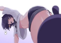 Rule 34 | 1girl, ass, bent over, black shorts, blue eyes, blunt bangs, blurry, blurry foreground, blush, breasts, highres, hololive, hololive english, looking at viewer, mole, mole under eye, multicolored hair, ninomae ina&#039;nis, ninomae ina&#039;nis (loungewear), orange hair, pixie cut, pointy ears, purple hair, redi (rasec asdjh), shirt, short hair, short shorts, short sleeves, shorts, small breasts, solo, takodachi (ninomae ina&#039;nis), tentacle hair, thighs, underbutt, virtual youtuber