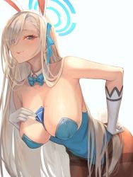 Rule 34 | 1girl, absurdres, animal ears, asuna (blue archive), asuna (bunny) (blue archive), bare shoulders, between breasts, blonde hair, blue archive, blue bow, blue bowtie, blue eyes, blue leotard, blue ribbon, bow, bowtie, breasts, brown pantyhose, card, card between breasts, cleavage, closed mouth, commentary request, detached collar, fake animal ears, fake tail, gloves, hair over one eye, hair ribbon, hairband, halo, hand on own hip, highres, large breasts, leaning forward, leotard, long hair, looking at viewer, moco (moco 28), mole, mole on breast, pantyhose, playboy bunny, rabbit ears, rabbit tail, ribbon, simple background, smile, solo, standing, strapless, strapless leotard, tail, thighband pantyhose, very long hair, white background, white gloves, white hairband