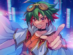 Rule 34 | 1boy, dyed bangs, goggles, goggles on head, green hair, grin, hair between eyes, jacket, jacket on shoulders, jewelry, looking at viewer, male focus, mikami (mkm0v0), multicolored hair, open clothes, open jacket, pendant, pointing, pointing at viewer, red eyes, red hair, sakaki yuya, short hair, smile, solo, two-tone hair, upper body, yu-gi-oh!, yu-gi-oh! arc-v