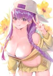 Rule 34 | 1girl, absurdres, bare shoulders, baseball cap, bb (fate), bb (fate) (all), bb (swimsuit mooncancer) (fate), bb (swimsuit mooncancer) (first ascension) (fate), bikini, braid, breasts, cleavage, fate/grand order, fate (series), hat, highres, large breasts, long hair, looking at viewer, purple eyes, purple hair, scan, simple background, skirt, smile, solo, suzuho hotaru, swimsuit, twin braids, twintails, v